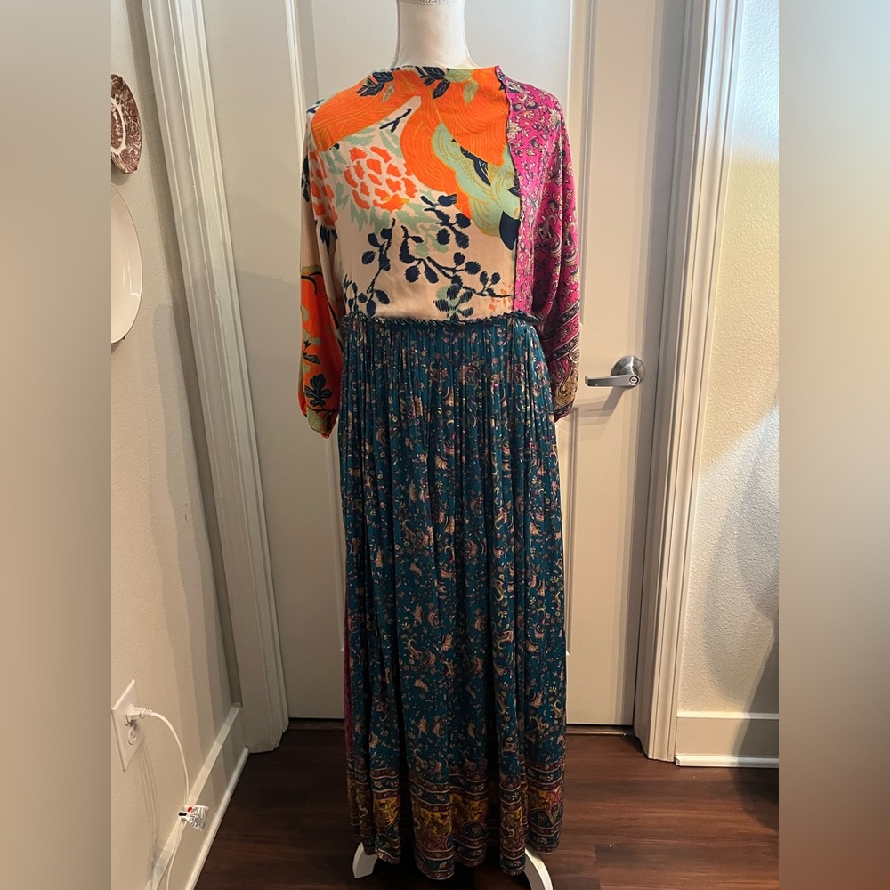 Free People Multi Pattern Maxi Tie Back Dress | Blue, Purple, Orange | Medium - Picture 3 of 12